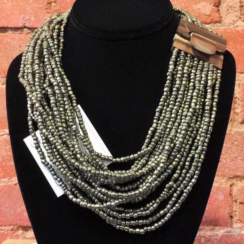 Womne's Dark Silver Hand Beaded Necklace with Wooden Buckle Closure